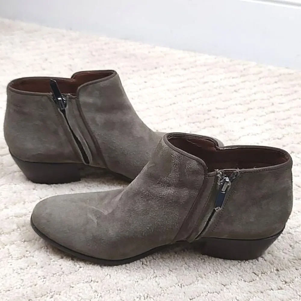 Sam Edelman Green Suede Leather Side Zip Ankle Boots Stacked Heel Size 7.5